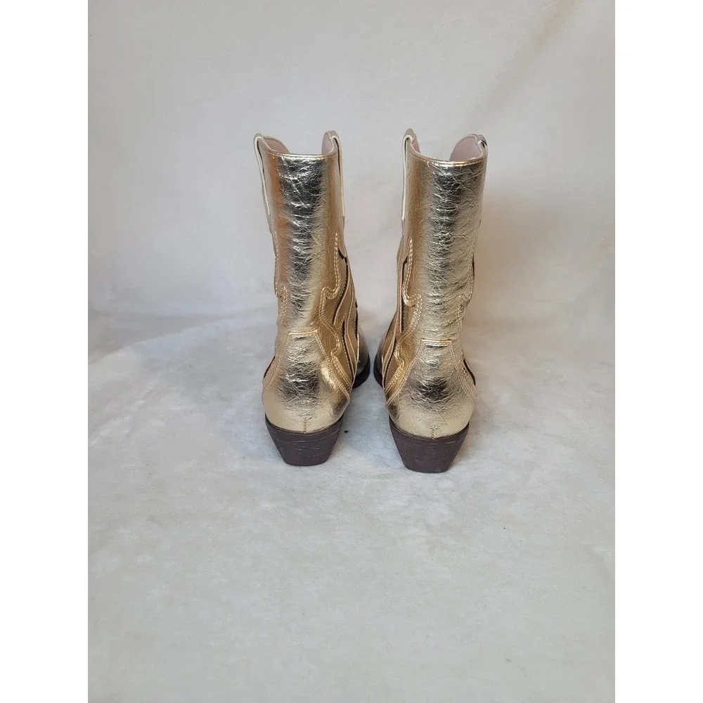 Western Y3K Festival Gold Metallic Cowboy Boots Pointed Toe Ankle Boot Size 7